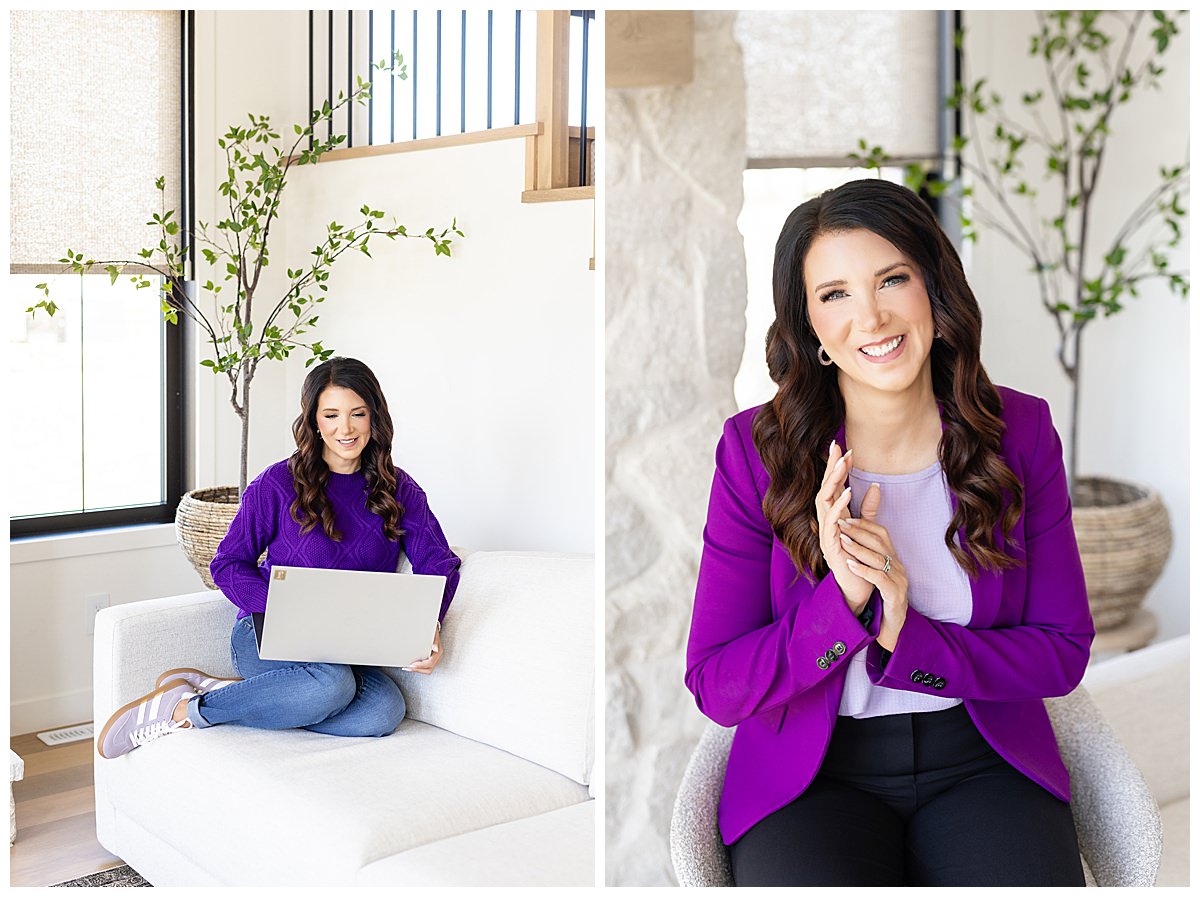 Edmonton business brand photography of Julie Matthews in a purple suit and professional lifestyle setting