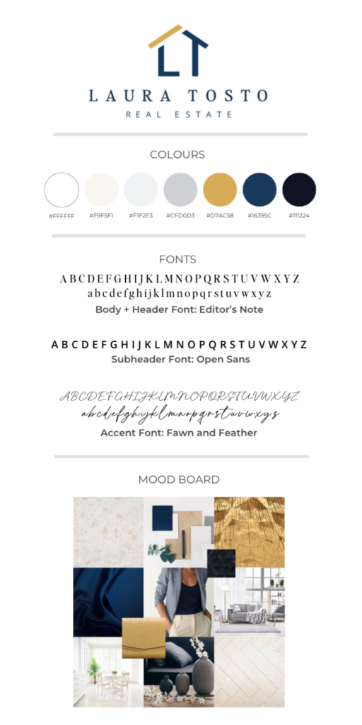 Visual brand board created for Edmonton realtor Laura Tosto with custom colours, fonts and brand photography