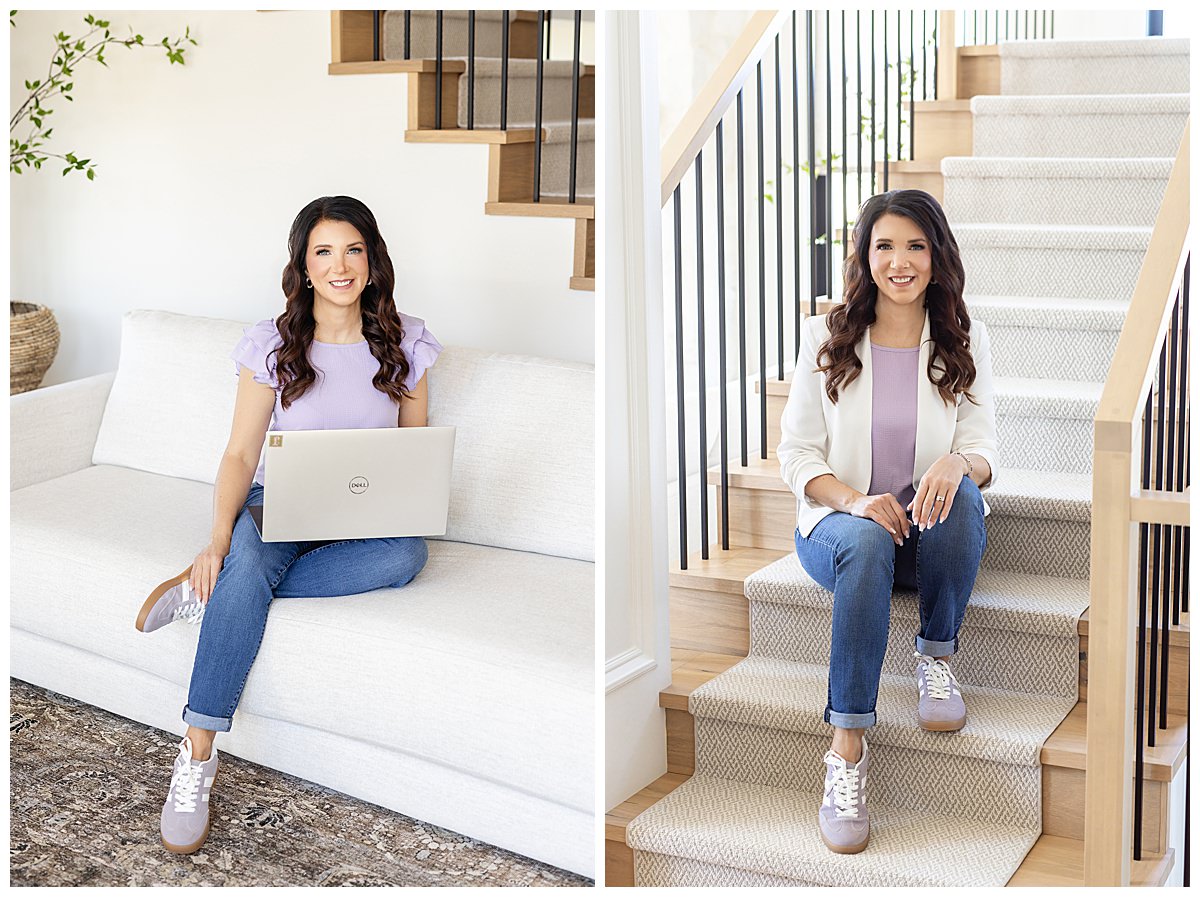 Full Day brand photography of Julie Matthews working on a laptop and posing in a bright Edmonton show home