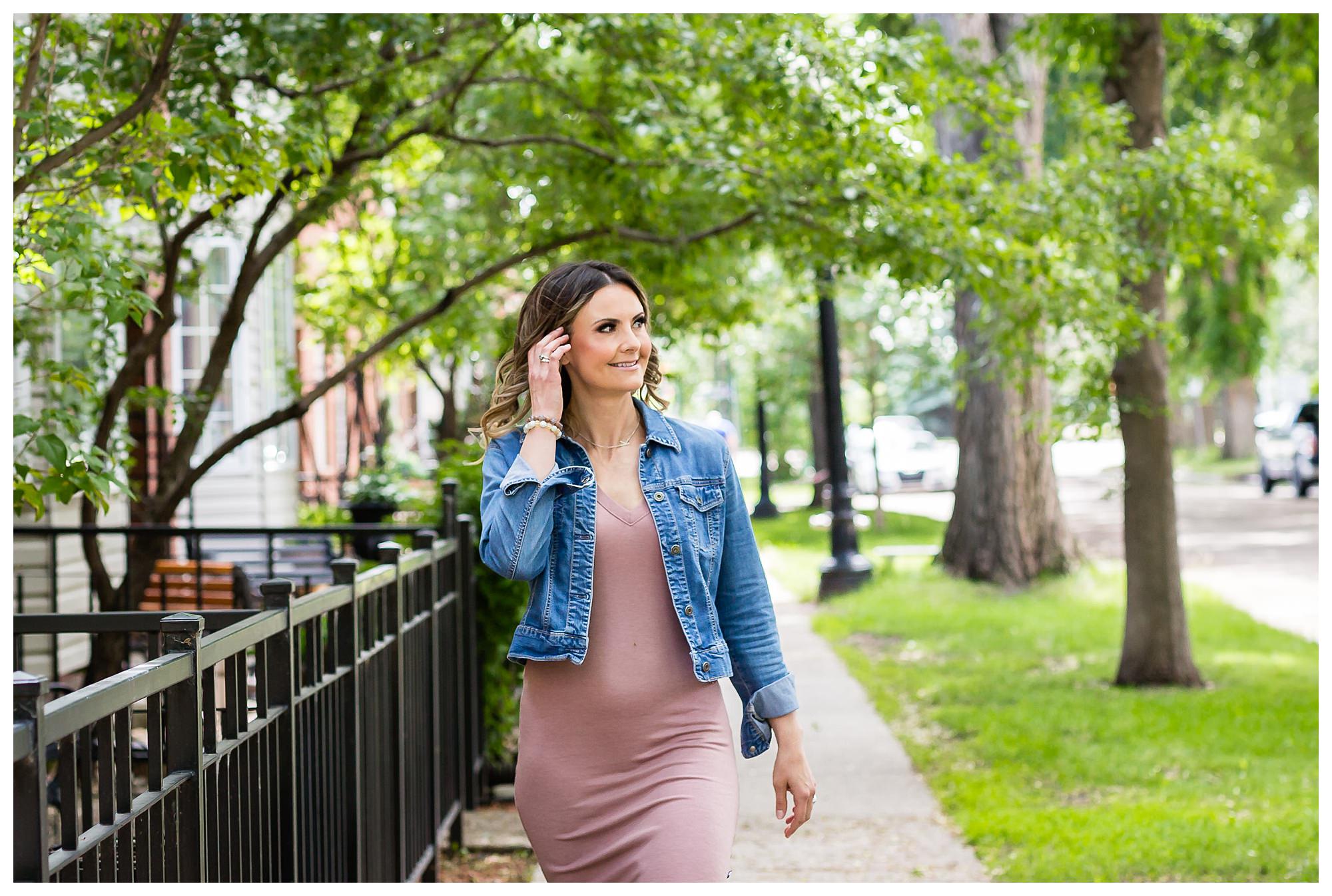 Woman walking outdoors during a personal brand photoshoot in Edmonton
