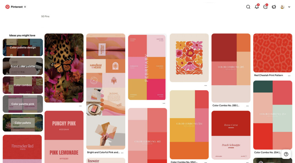 Pinterest board with colourful visual branding inspiration for Alexis Germain Coaching