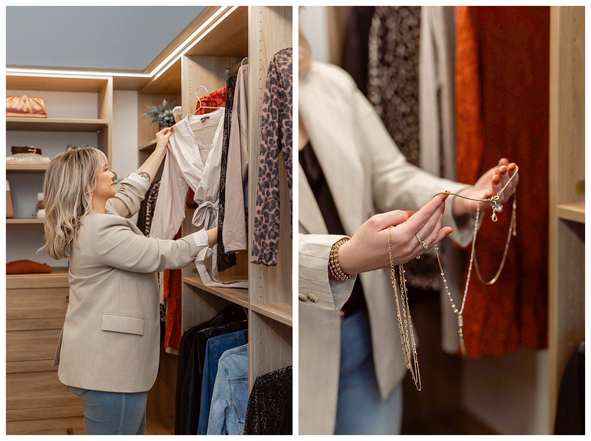 Personal stylist selecting clothing and accessories from a closet